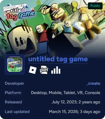 An infobox on the Untitled Tag Game wiki, showcasing the RobloxAPI image thumbnail and icon and game details fetching